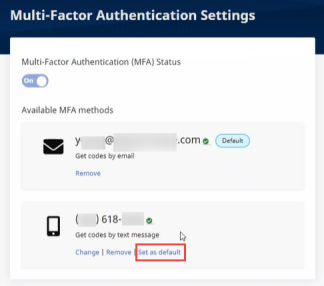 In the Multi-Factor Authentication Settings page, the Set as default option displays beneath the Authentication option, such as a verified phone number.